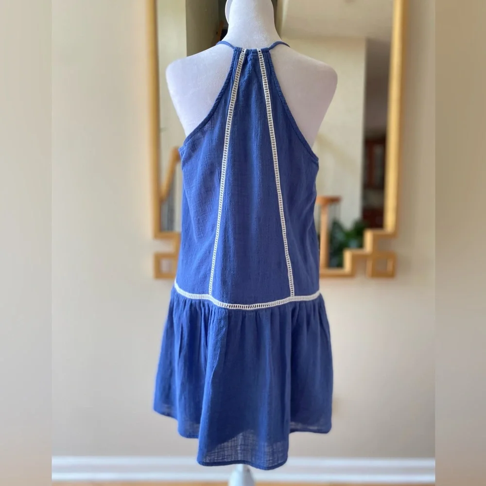 SAGE the Label Blue Halter Mini Dress White Ric Rac Trim Keyhole Neck Small - Picture 4 of 12